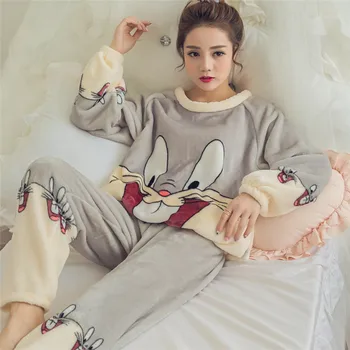 Podzimní Zimní Žen Zahustit Coral Fleece Pyžamo Pyžamo Mickey Karikatura Dlouhý Rukáv Domácí Služby Oblek Plus Velikost Pijama Mujer