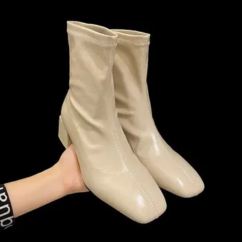 Podzimní Zimní Žen zip Náměstí toe Boty Elastické semišové žena krátké Boty bavlněné kotníkové boty pro ženy botas mujer 2020 Nový Drop