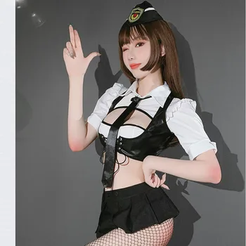Policejní Důstojník Cosplay Kostým Policistky V Uniformě Sexy Ženy Pu Kožené Tank Super Mini Sukně Otevřené Hrudi, Spodní Prádlo Set Oblečení Na Spaní