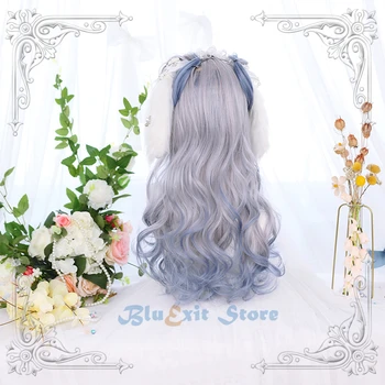 Postupné Blue Gray Lolita Paruky Harajuku Víla Cosplay Rány Kudrnaté Tělo Vlna Dlouhé Sladké Třásně Dospělé Dívky Vlasy