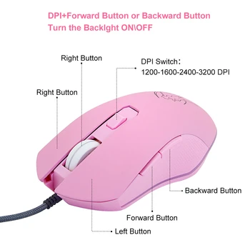 Počítač Herní Myš Optická Drátová Ergonomický Mause S USB Kabel Barevný Podsvícený PC Office Hráč Růžové Myši Pro Dívky Notebooku