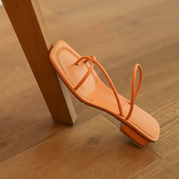 Pravé Kůže Dámské Nízké Podpatky Sandály Žena Boty Flip-flop Letní Ležérní Černá Bílá Oranžová Plážové Boty