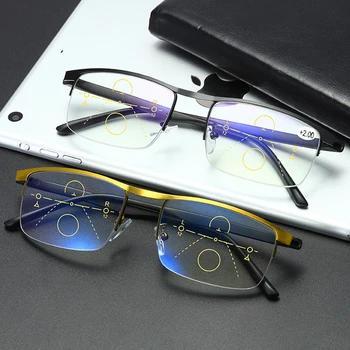 Progresivní Multi-Zaměření Počítačové Brýle Na Čtení Modré Světlo Blokování Kovové Slitiny Multifokální Čtenáři Brýle