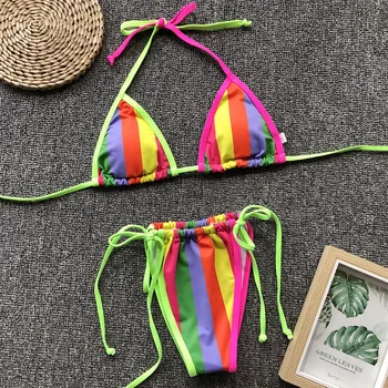 Pruhované Tanga Bikini Set Žen, Sexy Plavky Bandáž Push Up Polstrovaný Mikro Podprsenka Biquini Plavky Beach Plavky