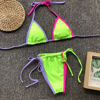 Pruhované Tanga Bikini Set Žen, Sexy Plavky Bandáž Push Up Polstrovaný Mikro Podprsenka Biquini Plavky Beach Plavky
