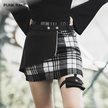 PUNK RAVE Holka je dvouvrstvá Skinny Plaid Balíček Hip Sukně Gothic Harajuku Ženy Asymetrické Sukně
