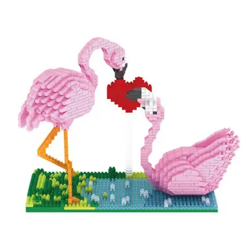 PZX Mini Cihel Balody Krásný Růžový Plameňák Pár s Korunou Lásky Blok 3D DIY karikatura Stavební Hračka Dárek Pro Děti 1500P