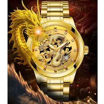 Pánské hodinky top luxusní značky z Nerezové oceli Popruh Vodotěsný Zlatý Drak Socha pánské náramkové hodinky Světelný náramkové Hodinky Nové