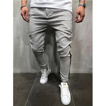 Pánské kalhoty kontrolovány, pruhované kalhoty hip hop slim ležérní kalhoty módní tepláky pánské punk kalhoty běžce