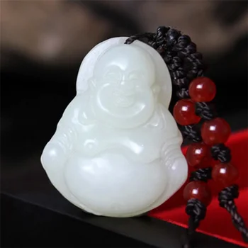 Přírodní Bílá Ruka-vyřezávané Jade Buddha Přívěsek Šperky Náhrdelník, Žena, Smějící se Buddha, Maitreya Buddha Jade Přívěsek