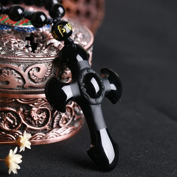 Přírodní Kámen Obsidian Amulet Kříž Přívěsek Náhrdelník, Ručně Vyřezávané Přívěsek s Lucky Zdarma Korálky Řetěz Pro Ženy, Muže, Šperky