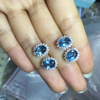 Přírodní Sky Blue Topaz a Londýn Blue Topaz Clusteru Náušnice Originální 925 Sterling Silver Ženy Šperky