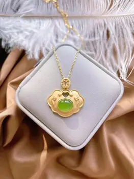 Přírodní Zelené Hetian Jade Přívěsek Zámek 925 Stříbrný Náhrdelník Čínské Jadeite Amulet Módní Kouzlo Šperky Dárky pro Ženy, Její