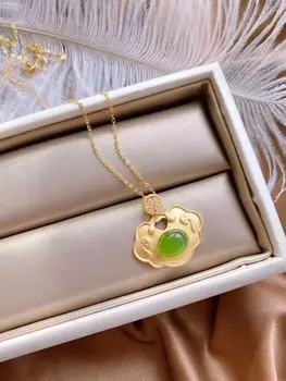 Přírodní Zelené Hetian Jade Přívěsek Zámek 925 Stříbrný Náhrdelník Čínské Jadeite Amulet Módní Kouzlo Šperky Dárky pro Ženy, Její