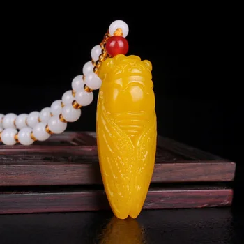 Přírodní Žluté Hetian Jade Kámen Cikáda Korálky Přívěsek Náhrdelník Čínské Jadeite Šperky Kouzlo Reiki Amulet Vyřezávané Dárky pro Ženy