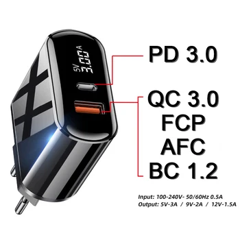 QC3.0 4.0 Telefon Nabíječka LED Displej Typ C USB Nabíječka PD Rychlé Nabíjení Pro iPhone Huawei 18W Nabíječka EU Plug Napájecí Adaptér