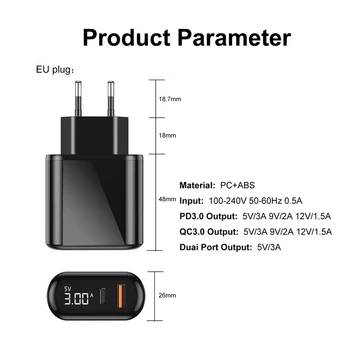QC3.0 4.0 Telefon Nabíječka LED Displej Typ C USB Nabíječka PD Rychlé Nabíjení Pro iPhone Huawei 18W Nabíječka EU Plug Napájecí Adaptér