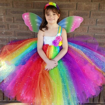 Rainbow Girls Glitter Tutu Šaty Děti Jiskra Tyl Šaty Květina plesové Šaty s Butterfly Wing Děti Party Kostým Šaty