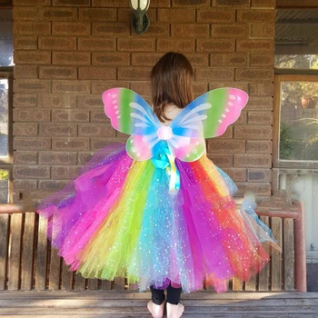 Rainbow Girls Glitter Tutu Šaty Děti Jiskra Tyl Šaty Květina plesové Šaty s Butterfly Wing Děti Party Kostým Šaty