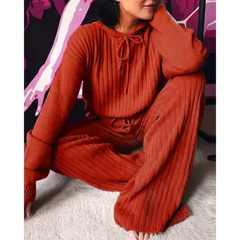 Rekreační geometrie pletení dvoudílné Vysoký límec krajky slim útulné fit dámské oblek Domů krytý termální oblek podzim roku 2021
