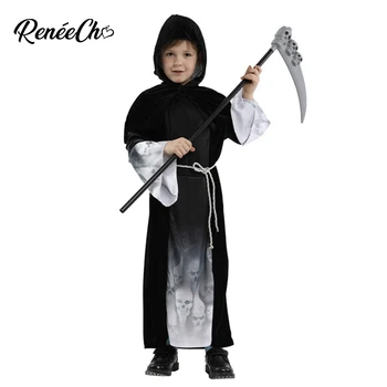 Reneecho Smrtka Dítě Kostým Chlapci Kostra Cosplay Halloween Kostým Pro Děti, Roucho S Kapucí A Pásek Nastavit Pro 4-12 Let