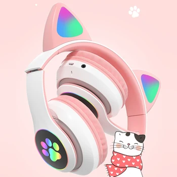 RGB Cat Ear Sluchátka Bluetooth 5.0 Bass Šumu Dospělé, Děti, Holka, Sluchátka Podpora TF Karet Casco Mic Dárek Náramek