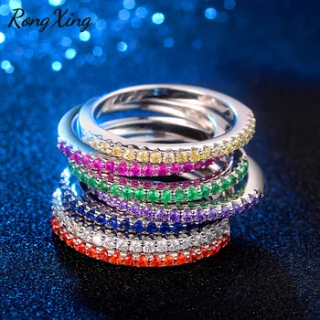 RongXing 8 Barev Bílá/Zelená/Modrá Stone Kámen Prsteny Pro Ženy Jeden Řádek Kulatý Zirkon Midi Prsten Stříbrné Barvy Společné Šperky