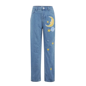 Rovné Dámské Jeansy Baggy Vintage Vysokým Pasem Moon Hvězda Vzor Mladý Holky Džínové Kalhoty Streetwear 2020 Ženy Dlouhé Džíny