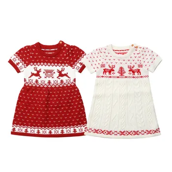 Roztomilé Děti Baby Girls Vánoční Pletení Šaty Dívka Krátký Rukáv Jelen Tisk Vlněný Svetr Šaty Pletené Vánoční Oblečení 6M-5Y