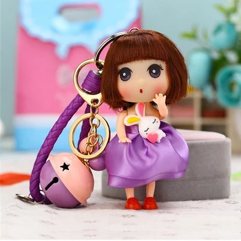 Roztomilé Hračky Princess Panenky Baby Bell Klíčenka pro Dívky Key Ring Držák na Klíče Taška Přívěsky Děti Klíčenka Kožený Řemínek K071-fialová+zvonek