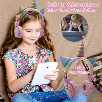 Roztomilý Jednorožci Děti Sluchátka Stereo Hudby Bluetooth 5.0 Sluchátka pro Mobilní Telefon, Hudební Stereo Headset Dívky, Dcery Dárek