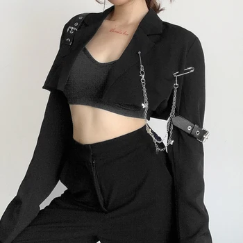Roční OBDOBÍ Harajuku Punk Řetězy Ostříhané Bunda Ženy Ležérní Dlouhý Rukáv Krátký Kabát Lady Gothic Kabát Streetwear ASCO81626