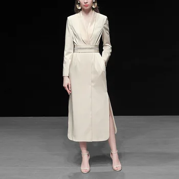 Runway Luxusní Obleky Pro Ženy 2020 Vysoce Kvalitní Podzim Zima Elegantní Dlouhé Maxi Šaty Pás Office Lady Práce Nosit Formální