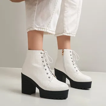 Ruční robustní motocyklové boty pro ženy platformy blok vysoké podpatky šněrovací kotníkové boty bílý zip botičky dámy 2020 velikost 9