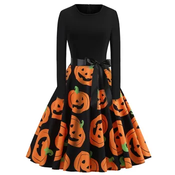 Rychlé Odeslání Gril Ženy Halloween Dýně, Lebky Tisk Dlouhý Rukáv Swing Party Mini Šaty Halloween kostým Strany