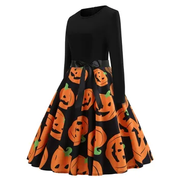 Rychlé Odeslání Gril Ženy Halloween Dýně, Lebky Tisk Dlouhý Rukáv Swing Party Mini Šaty Halloween kostým Strany