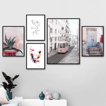 Růžová Pivoňka Květ Aloe Londýně Tramvaj, Autobus Wall Art Malířské Plátno Nordic Plakáty A Tisky Zeď Obrázky Pro Obývací Pokoj Dekor