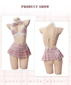 Růžová Školy Dívka Cosplay Kostýmy Kawaii Japonských Kostkované Bikiny Oblek Mini Skládaná Sukně Pro Ženy Popruh Spodní Prádlo Nové 0663