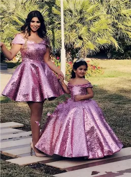 Růžové Flitry plesové Šaty Matka a Dcera Šaty 2020 Off Rameno Plus Velikost Levné Rodinné Odpovídající Formální Prom Party Šaty