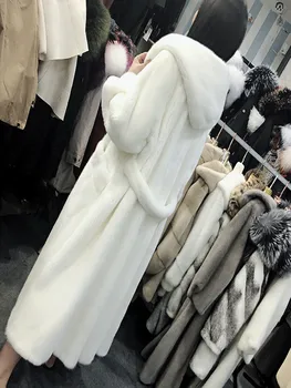 S kapucí kožešinové dámské 2020 zimní módní nové plus velikost dlouhý pás high-end teplé parker čisté barvy mink bílá kabát