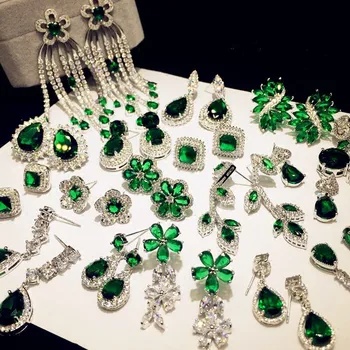 S925 Stříbro Nadsázkou Náušnice Pro Ženy Zelené Zirkony Jemné Šperky Temperament Luxusní Brincos Pendients Mujer