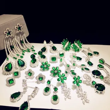 S925 Stříbro Nadsázkou Náušnice Pro Ženy Zelené Zirkony Jemné Šperky Temperament Luxusní Brincos Pendients Mujer