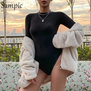 Sampic Sexy Skinny O Krk Dlouhý Rukáv Kombinézu Topy Ženy Ležérní Černé Krátké Bodycon Kombinézu Rompers Oblečení Jaro Podzim 2020