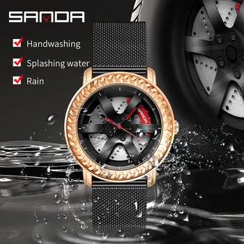 SANDA Auto, Kolo Dial Jedinečné Pánské Hodinky Mesh Oceli Řemínek Quartz Vodotěsné Sportovní Hodinky Cool Mužské Letadlo Náramkové hodinky