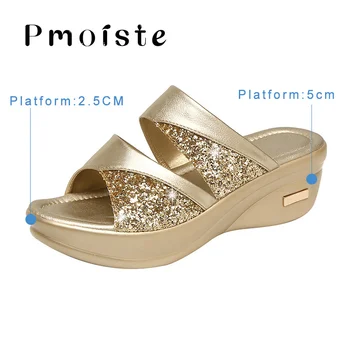 Sandály pro ženy Plus size 35-43 Open Toe Platforma sandály Ženy, Třpytky Zlaté Slide Klíny Boty Žena 2020 Nové příjezdy