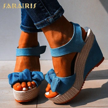 SARAIRIS Vysoké podpatky Drop loď sladké luk denim volný čas platforma klíny sandály ženy letní boty ženy
