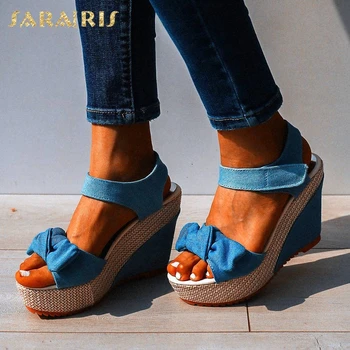 SARAIRIS Vysoké podpatky Drop loď sladké luk denim volný čas platforma klíny sandály ženy letní boty ženy