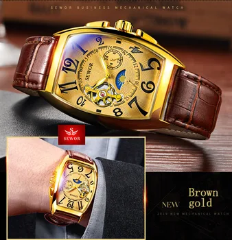 SEWOR Luxusní Zlaté Tourbillon Hodinky Mon Fáze vteřinová Kožený Řemínek Automatické Mechanické Náramkové hodinky Relogio Masculino