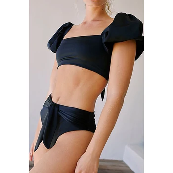 Sexy Pevné Vysokým Pasem Bikini 2021 Plavky Krátké Puff Rukáv Letní Žen Pás Kravatu Obvaz Plavky Nosit Plavat Plavky Dvoudílné Plavky