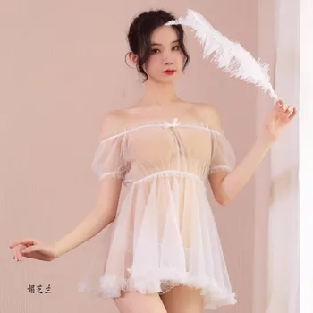 Sexy spodní prádlo síťované pohledu pokušení sexy krajky bublina rukáv Pengpeng noční košile oblek